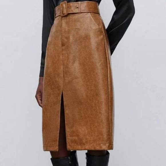 Luxe Vegan Leather Split hem Belted Midi Skirt - Picture 6 of 7